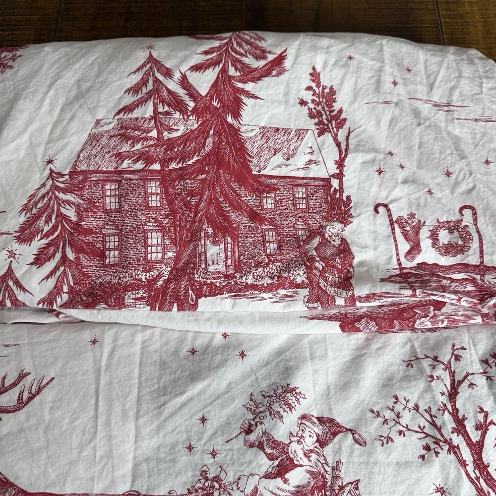 Rare Pottery Barn Santa Toile Sheet Set Red Twin XL Christmas Holiday French EUC - Picture 3 of 9